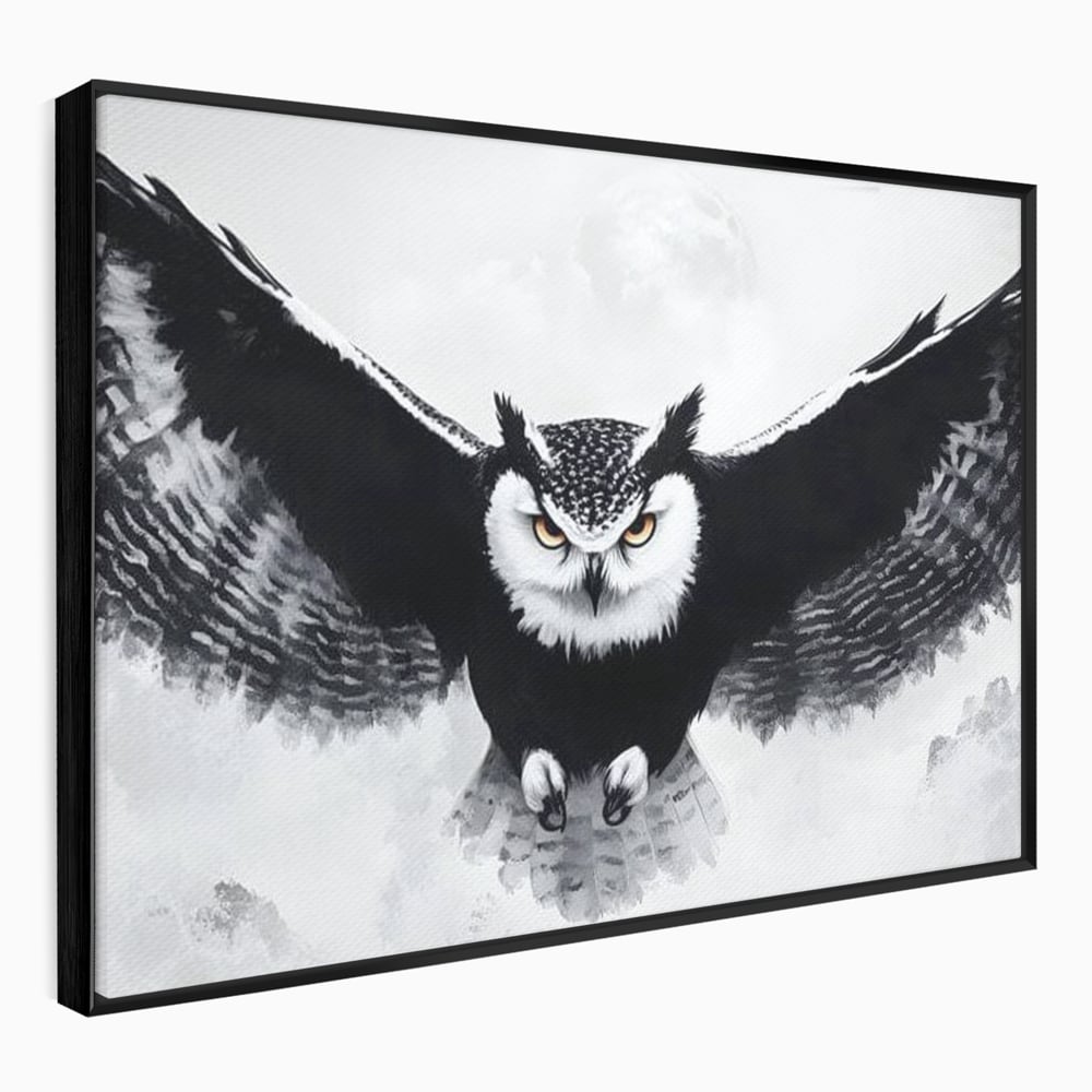 Tablou canvas cu tablou canvas cu bufnita in zbor, in rama de aluminiu negru